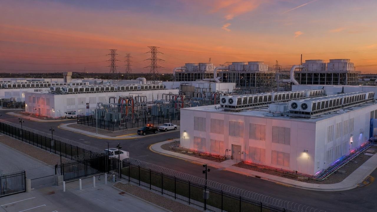 Professional U.S. data center campus at sunset